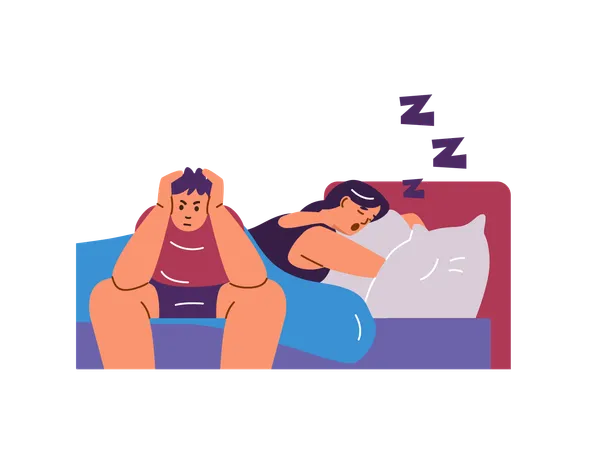 Snoring woman and irritated man in bed  Illustration