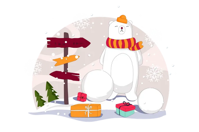 Snow bear with Christmas gift  Illustration