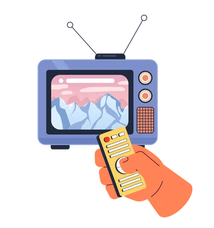 Snow Capped Mountain Peak On 80 S Television 2 D Illustration Concept Control Remote Isolated Cartoon Character Hand White Background Watching Tv Mountainscape Metaphor Abstract Flat Vector Graphic Illustration