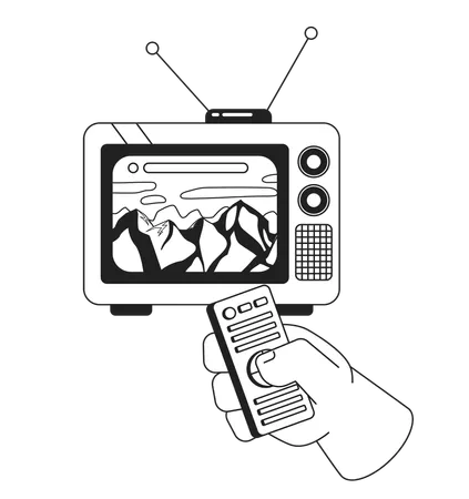 Snow Capped Mountain Peak On 80 S Television Black And White 2 D Illustration Concept Control Remote Isolated Cartoon Outline Character Hand Watching Tv Mountainscape Metaphor Monochrome Vector Art Illustration