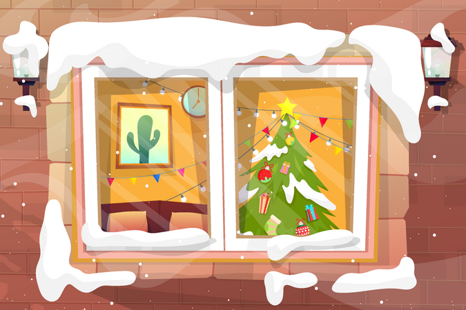 Snow cover glass window of house on winter season, Christmas tree was beautifully decorated inside the house. vector illustration  Illustration