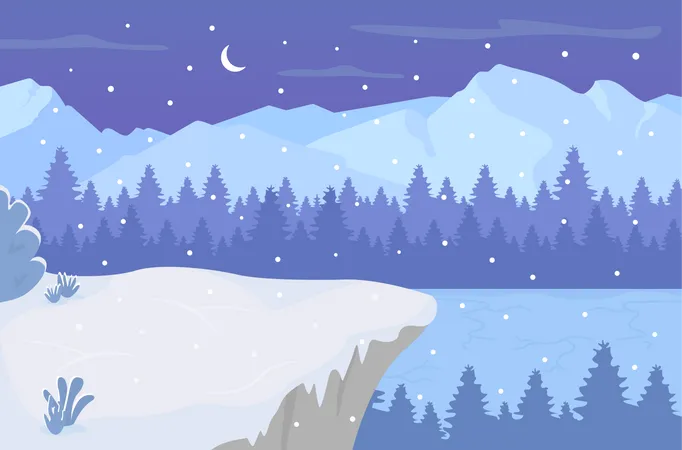 Snow falling on lake during night time  Illustration