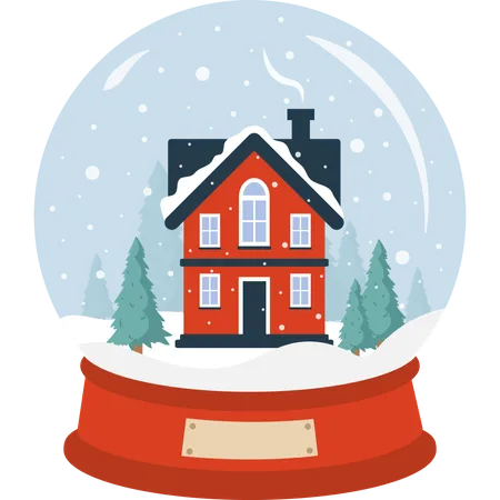 Glass Snow Globe With Cozy House Christmas Decorative Ball With Winter Landscape Holiday Snowball With Snowflakes Isolated On Blue Background Vector Illustration In Flat Cartoon Style Illustration