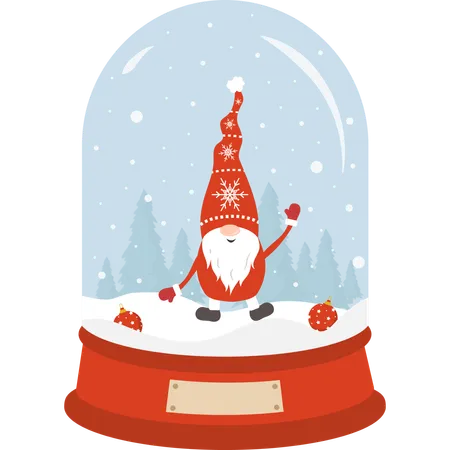 Glass Snow Globe With Christmas Gnome New Year Decorative Ball With Winter Landscape Holiday Snowball With Snowflakes Isolated On Blue Background Vector Illustration In Flat Cartoon Style Illustration