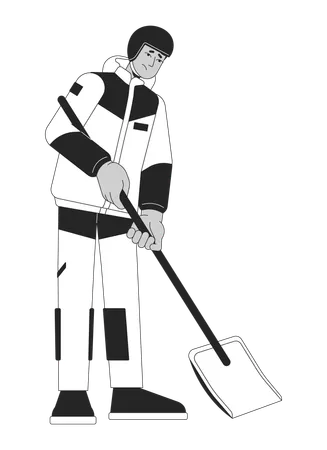 Snow Mountain Rescuer Shoveling Out Black And White 2 D Line Cartoon Character Winter Outerwear Indian Man With Shovel Isolated Vector Outline Person Snow Removal Monochromatic Flat Spot Illustration Illustration