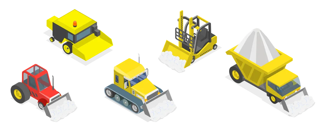 3 D Isometric Flat Vector Set Of Different Snowplows Snow Removal Vehicles Illustration