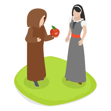 3 D Isometric Flat Vector Conceptual Illustration Of Snow White Getting An Apple From An Old Evil Witch Illustration