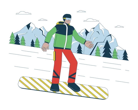 Snowboard Downhill Linha De Esportes De Inverno Ilustracao Plana Dos Desenhos Animados Snowboarder Extremo Descendo Colina Personagem Lineart 2 D Isolado Em Fundo Branco Imagem De Cor Vetorial De Cena De Inverno Ilustração