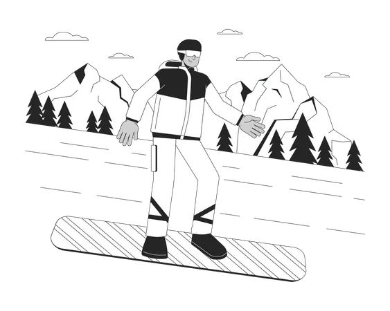 Snowboard Downhill Esportes De Inverno Ilustracao Plana Dos Desenhos Animados Em Preto E Branco Snowboarder Extremo Descendo Colina Personagem Lineart 2 D Isolado Imagem De Contorno Vetorial De Cena Monocromatica De Wintersport Ilustração