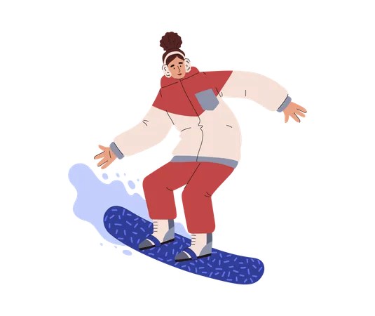 Snowboarder feminina descendo a montanha  Ilustração