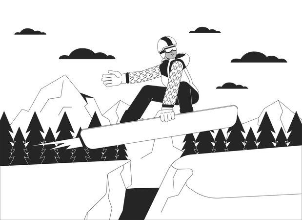 Snowboarder saltando en la ladera de la montaña  Ilustración