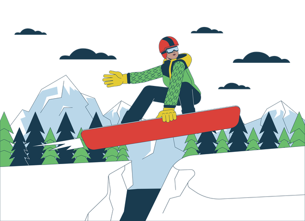 Snowboarder sautant sur le versant de la montagne  Illustration