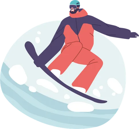 Winter Sport Snowboarding Activity On Mountain Ski Resort Extreme Sports Recreation Mature Bearded Sportsman In Winter Clothes And Goggles Make Stunts Riding Downhills Cartoon Vector Illustration Illustration