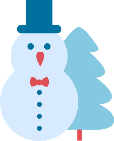 Snowman And Christmas Tree Icon Isolated On White Background Vector Illustration With Winter Symbol Dressed In Cylinder Hat And Light Blue Spruce Illustration