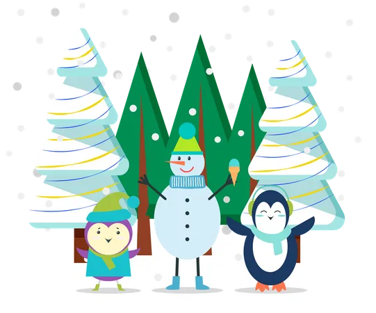 Characters In Winter Landscape Forest With Pine Trees Covered With Snow Snowfall And Animals Wearing Warm Clothes Snowman In Hat Holding Ice Cream Dessert Spruce With Garlands Flat Style Vector Illustration