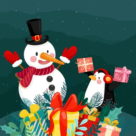 Merry Christmas Card With Gift Box Penguin And Snowman On Snow And Pine Background Illustration