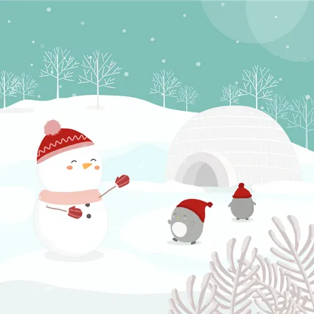 Snowman And penguins on snow  Illustration