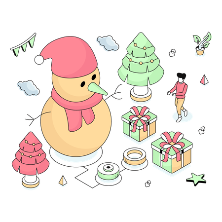 Snowman decorated on Christmas night  Illustration