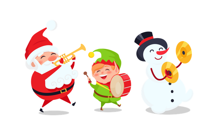 Snowman, Elf and Santaclaus with trumpet singing carols  Illustration