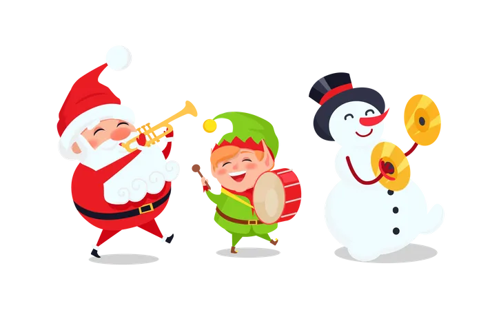 Snowman, Elf and Santaclaus with trumpet singing carols  Illustration