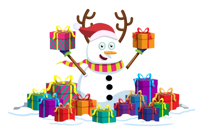 Christmas Landscape With Snowman Character And Giftbox Merry Christmas Cutout Element For Holiday Cards Invitations And Website Celebration Illustration