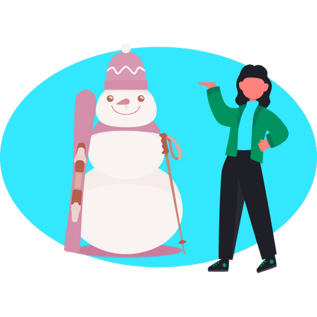 Snowman holding skating board while woman showing snowman  Illustration