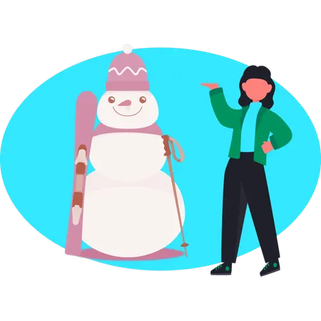 Snowman holding skating board while woman showing snowman  Illustration