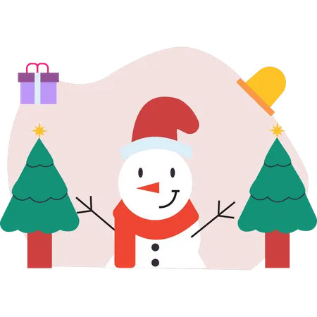 Snowman made between two trees  Illustration