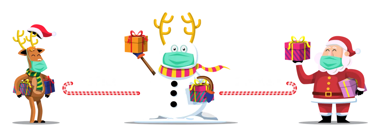 Merry Christmas And Happy New Year With Life In New Narmal From Coronavirus Snowman Reindeer And Santa With Face Masks Used Social Distancing For Holiday Cards Invitations And Website Celebration Illustration