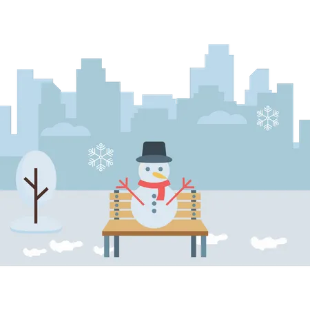 Snowman sitting on bench Illustration