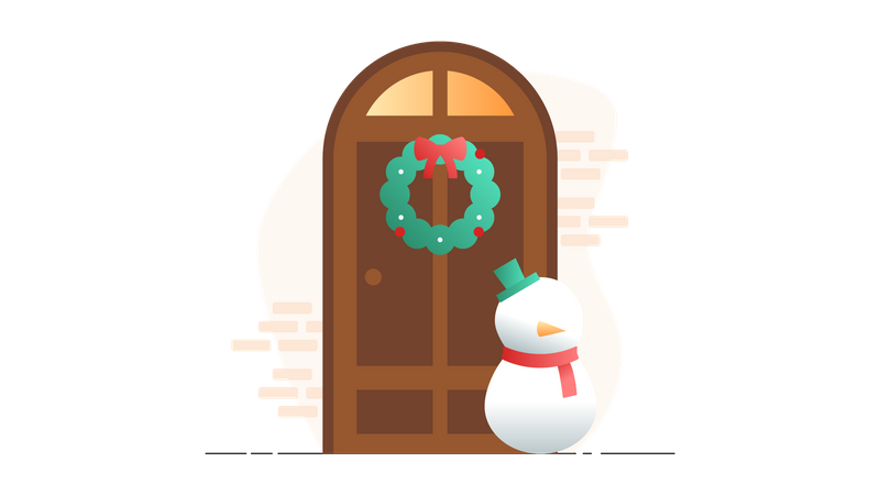 Snowman standing front of Christmas Door Illustration