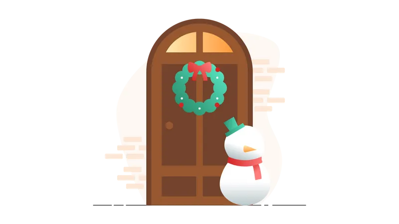 Snowman standing front of Christmas Door  Illustration