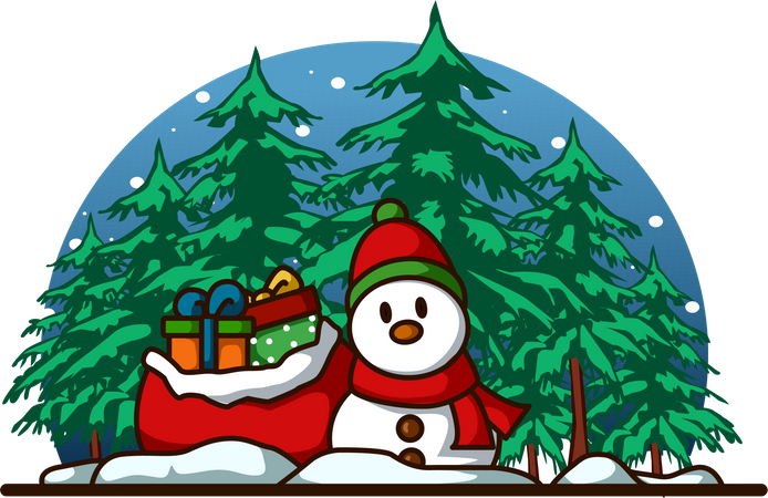 Snowman wearing scarf and hat with some gifts in the forest at Christmas  Illustration