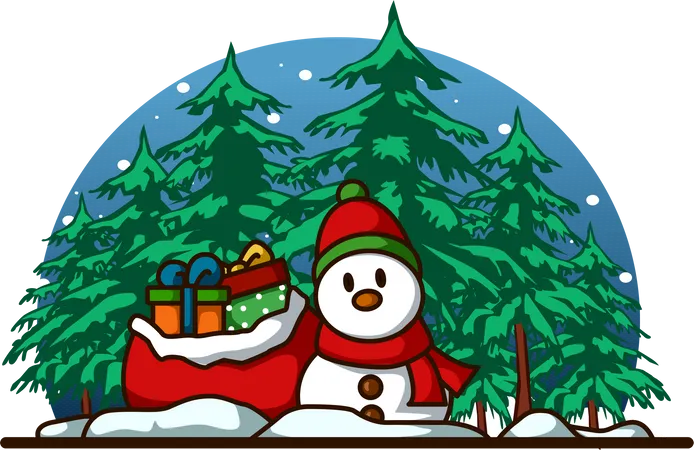 Snowman wearing scarf and hat with some gifts in the forest at Christmas  Illustration