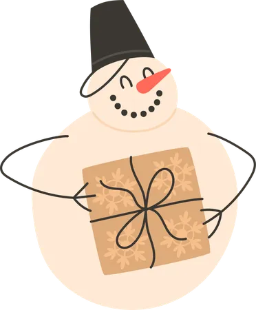 Snowman with bucket on head and gift in hands  Illustration