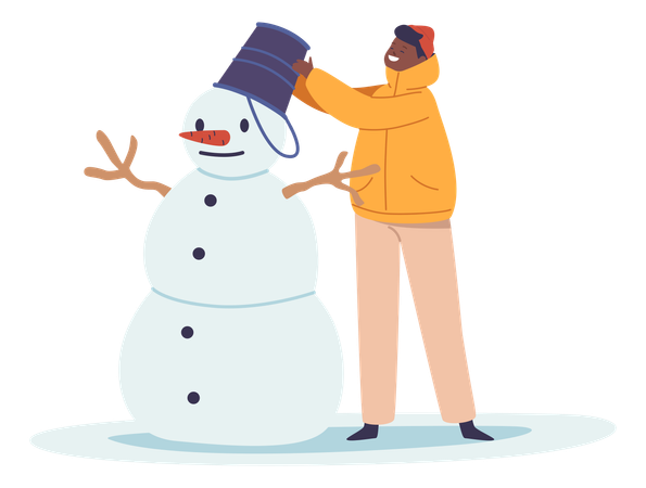 Snowman With Carrot Nose And Bucket Hat In Snowy Playground  Illustration