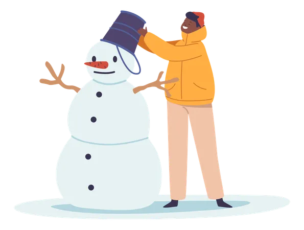 Joyful Child Character Sculpting A Snowman With Carrot Nose And Bucket Hat Frosty Smiles And Rosy Cheeks A Magical Moment Of Innocence In The Snowy Playground Cartoon People Vector Illustration Illustration