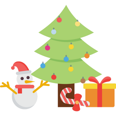 Snowman with christmas tree and gifts Illustration