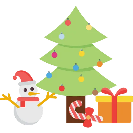 Snowman with christmas tree and gifts  Illustration