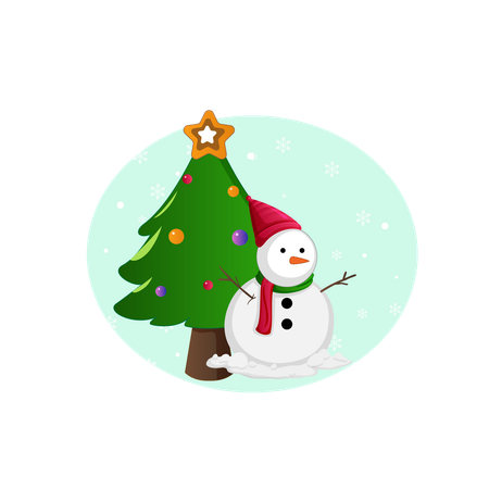 Snowman with fir tree  Illustration
