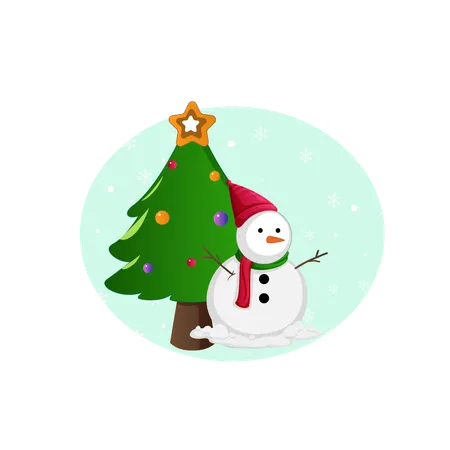 Snowman with fir tree  Illustration