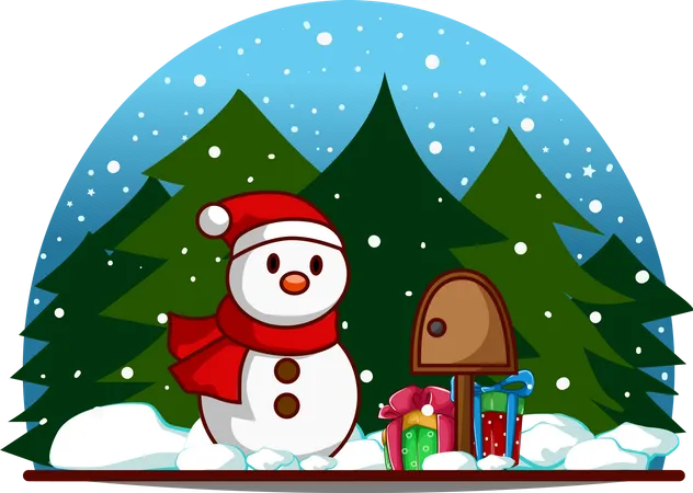 Snowman with package box and gifts on Christmas eve  Illustration