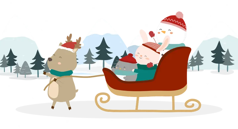 Snowman with Reindeer Sleigh Illustration