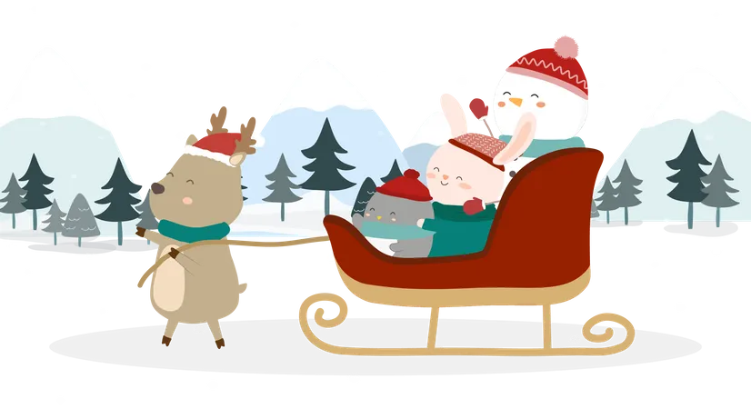 Snowman with Reindeer Sleigh  Illustration