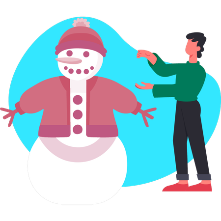 Snowman with winter clothes while man pointing snowman  Illustration