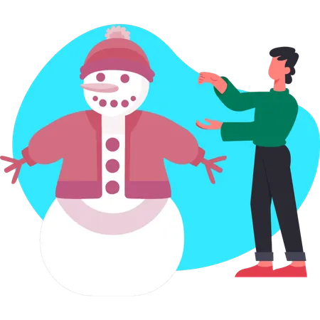 Snowman with winter clothes while man pointing snowman  Illustration