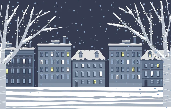 Snowy Town Or Village With Lot Of Buildings At Night Trees Covered By Snow And Holiday Garlands Cityscape On Background Snowflakes Falling On Ground Vector Winter Illustration In Flat Style Illustration