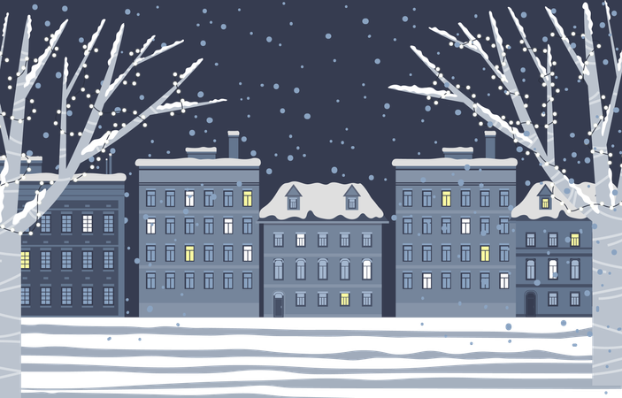 Snowy City in Evening  Illustration