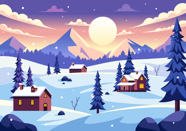 Snowy village with snowy mountain view  Illustration