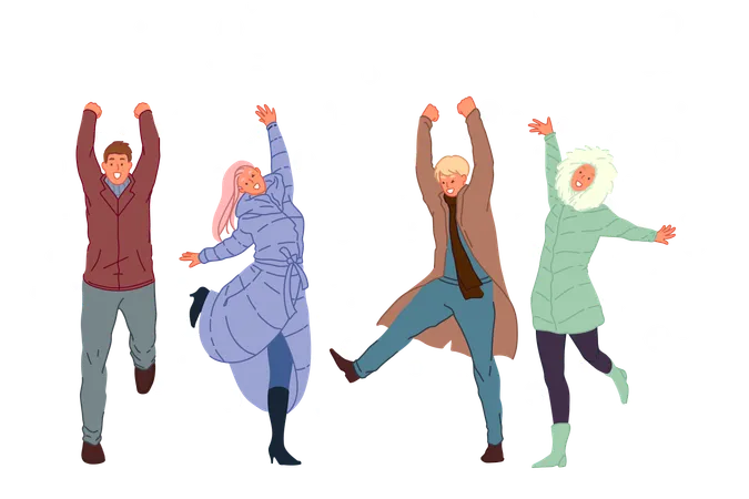 Outside Walk With Friends Winter Entertainment Snowy Weather Recreation Concept Smiling People In Warm Clothes Rejoicing Adults Outdoor Winter Relaxation Fun In Snow Simple Flat Vector Illustration